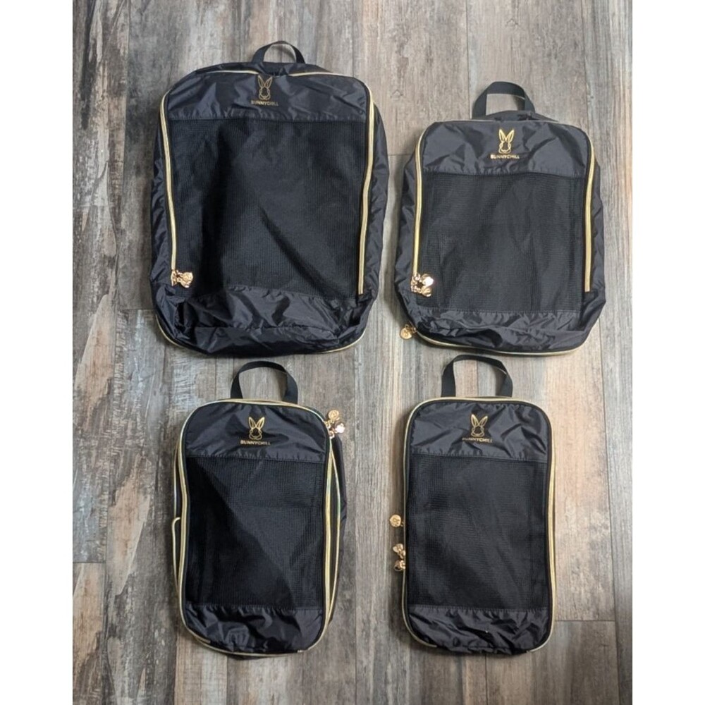 NWOT Black & Gold Mesh Travel Packing Cubes 4 Piece Set Zippered Organizers Bags